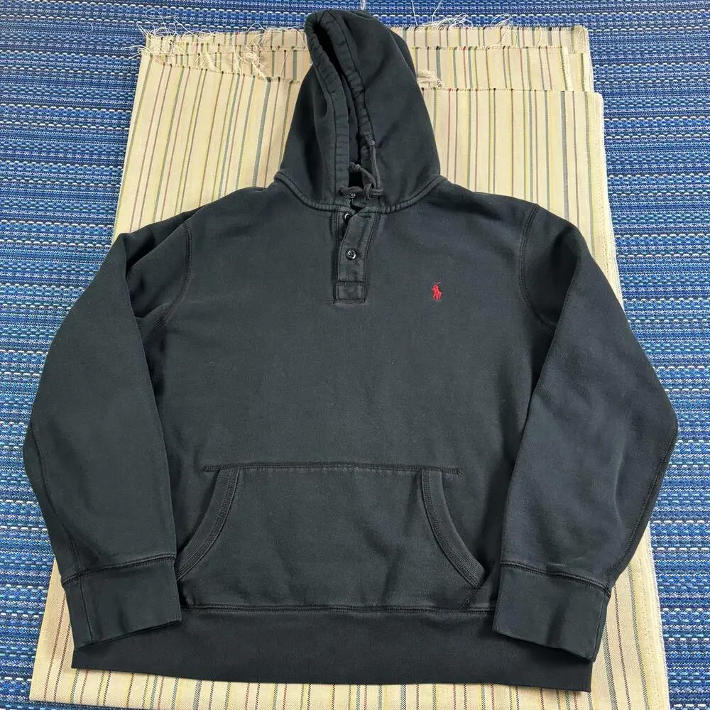 Polo By Ralph Lauren Hoodie Mens 2XL Black Fleece Kangaroo Pocket Sweatshirt